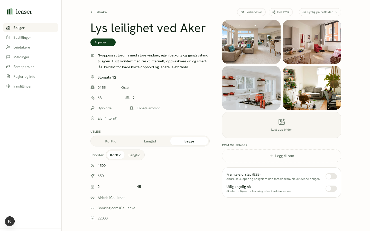 Boligredigering med bookinger, leieavtaler og kanalsynk i leaser